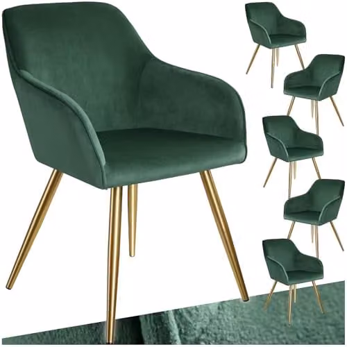 tectake Set of 6 Marilyn Accent Chairs in Dark Green Velvet with Gold Metal Legs