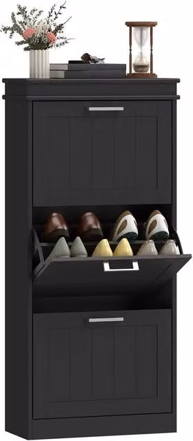 EONLION Modern Black Shoe Storage Cabinet with 3 Tilting Compartments and Internal Shelves, Width: 100 cm