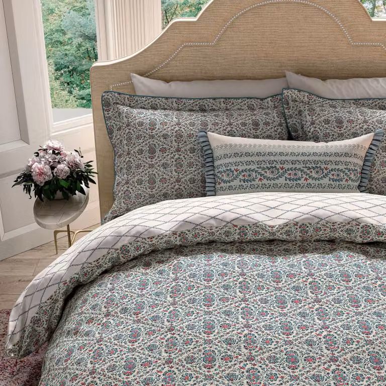 V&A Opulent Stripe Cotton and Silk Cushion in Red, Blue and Turquoise, W: 60 cm, H: 40 cm