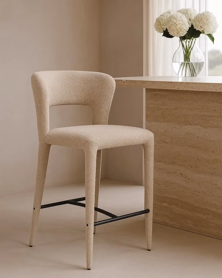 Tommy Franks Pari I Bar Stool in Chex Boucle Steam White and Beige
