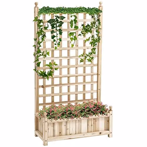 Outsunny Wooden Raised Garden Bed with Trellis, Brown, W: 64 cm, D: 28 cm, H: 120 cm – 1