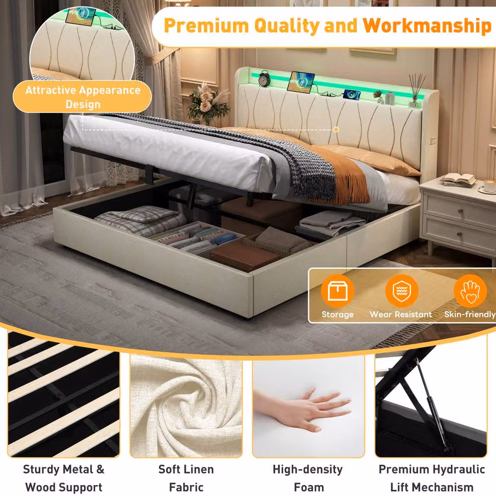 Matteo King Beige Upholstered Bed Frame with Hydraulic Storage, Smart LED Lighting and USB Charging Port, W/D/H: 180 x 200 cm – 5