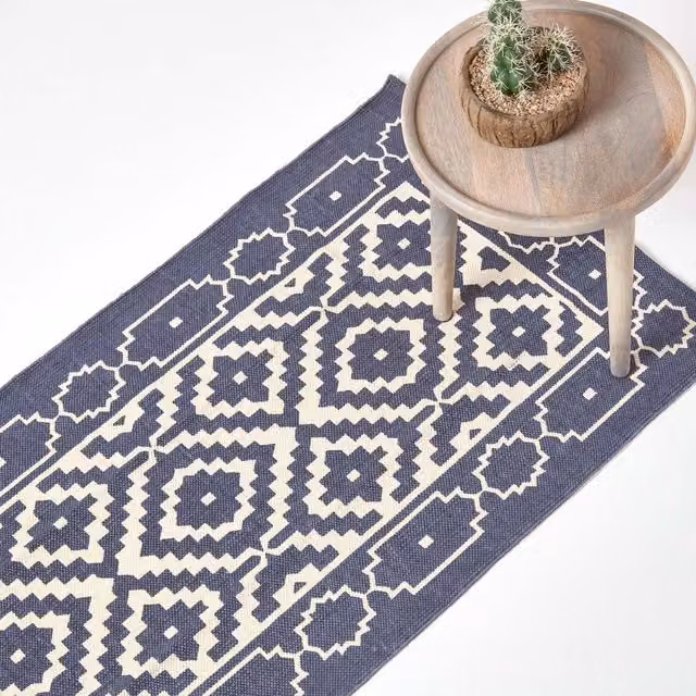Homescapes Halmstad Scandi Style Geometric Woven Cotton Printed Rug in Blue and White, 200 cm
