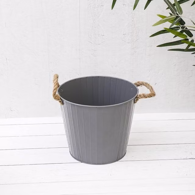 Annibells Grey Gloss Ribbed Metal Bucket Planter, Diameter: 20 cm