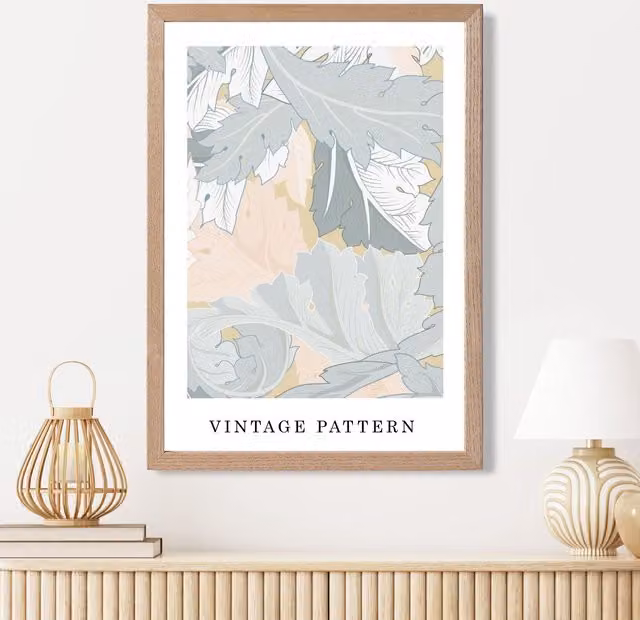 ARTZE William Morris Wreath Green and Peach Floral Art Print with Oak Frame, Size A2/A3 – 1