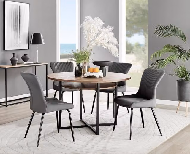 FurnitureboxUK Adley Brown Wood Round Storage Dining Table and 4 Nora Dark Grey Chairs with Black Legs – 1