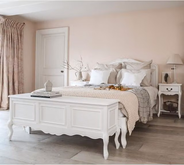Juliette French Style Double Bed in White Lacquered Solid Pine Wood, W/D/H: 140 x 200 cm