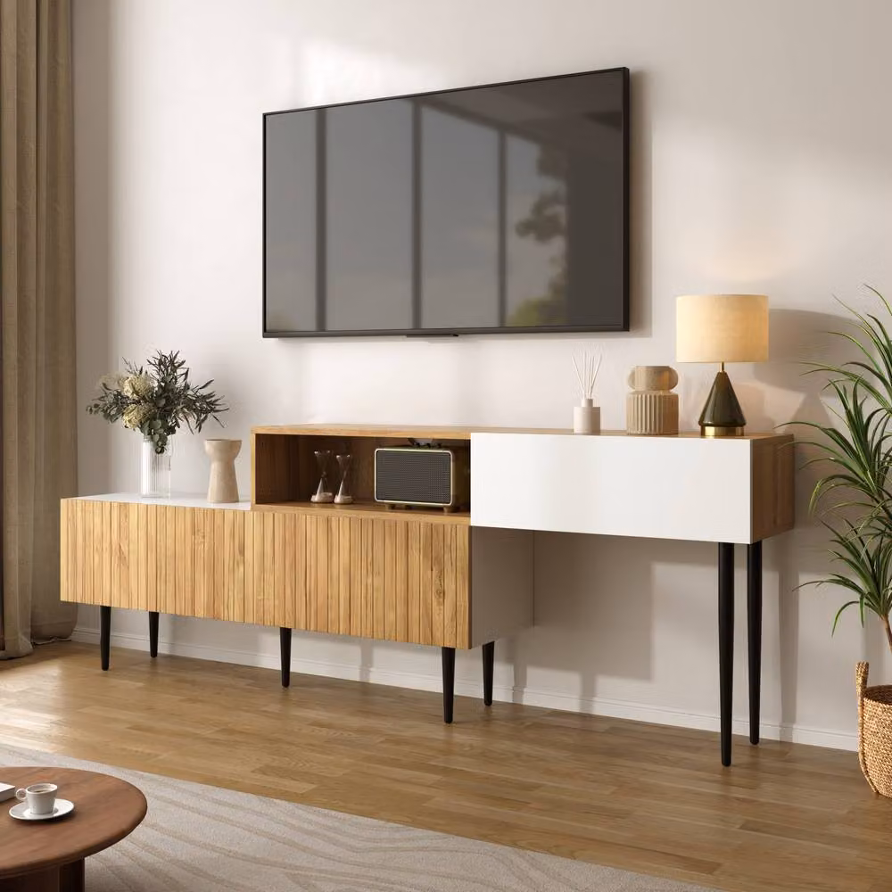 Matteo Modern Modular Wall Mounted TV Cabinet in White and Wood Look with Media Compartments – 4