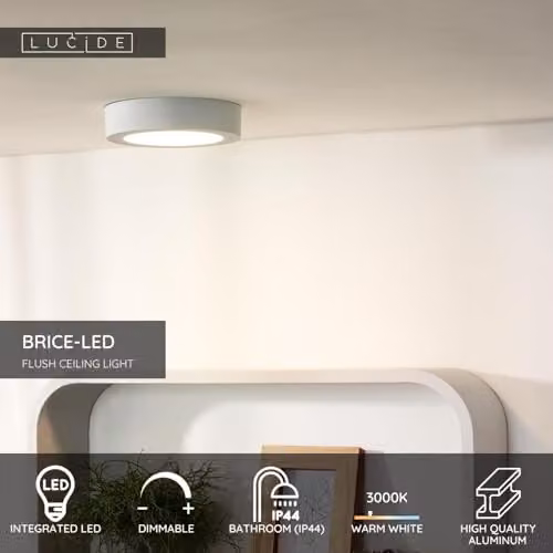 Lucide Brice Dimmable Round LED Flush Ceiling Light for Bathrooms, White, Diameter: 18 cm – 2