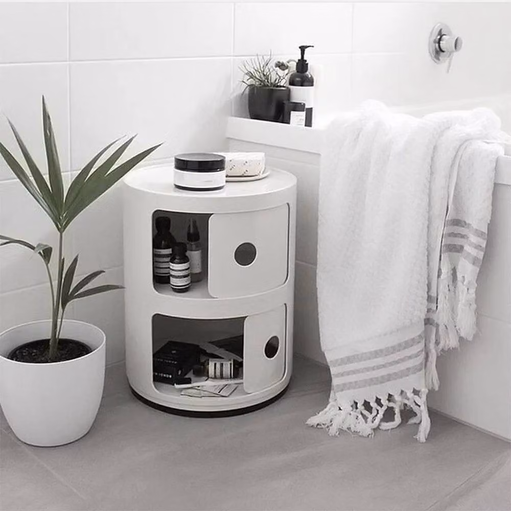 FLAVORA White 2-Tier Cylindrical Round Freestanding Storage Cabinet with Sliding Doors – 3