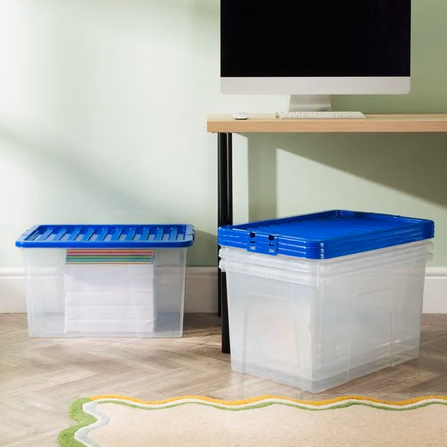 Wham Crystal 60L Storage Box with Stronger Lid Pack of 4, Blue
