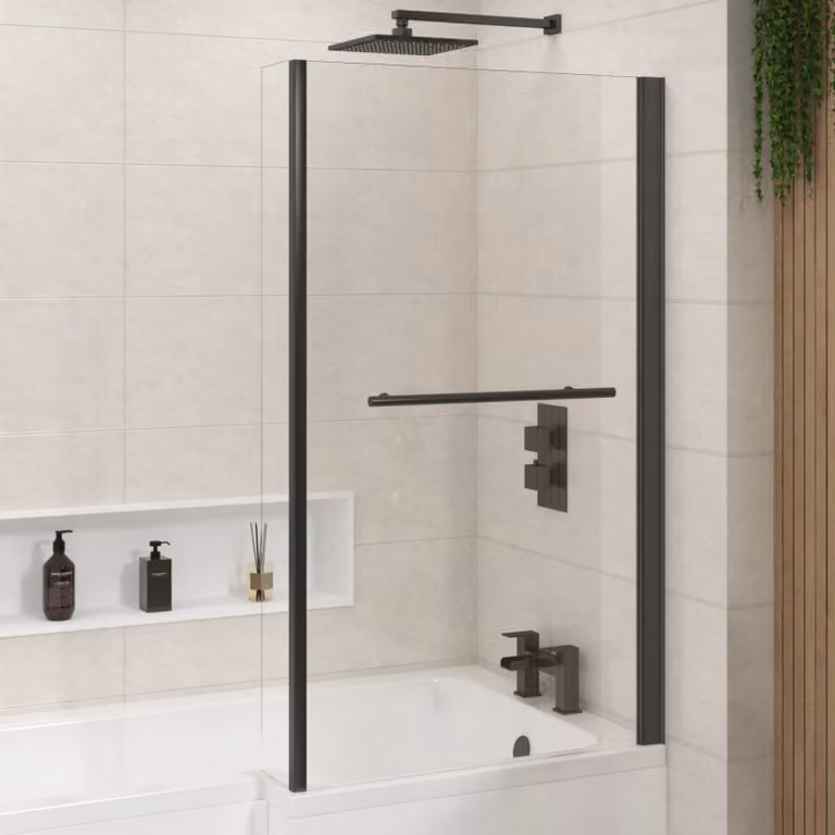 Royal Bathrooms Modern Quattro Black Fixed Corner Bath Screen and Rail with Fixed End Panel, Clear Glass, W: 140 cm