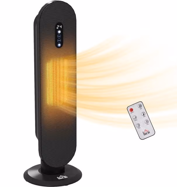HOMCOM Black Ceramic Tower Space Heater with 2000W Power, Oscillation, Timer and Safety Protection