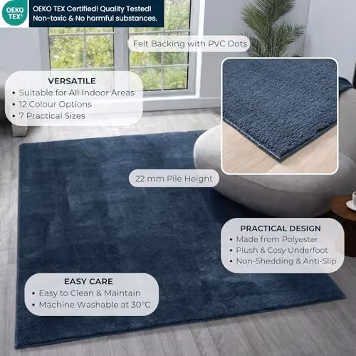 Desire Rugs Washable Non-Slip Plain Blue Hallway and Living Room Runner Rug, W: 60 cm, L: 200 cm – 3