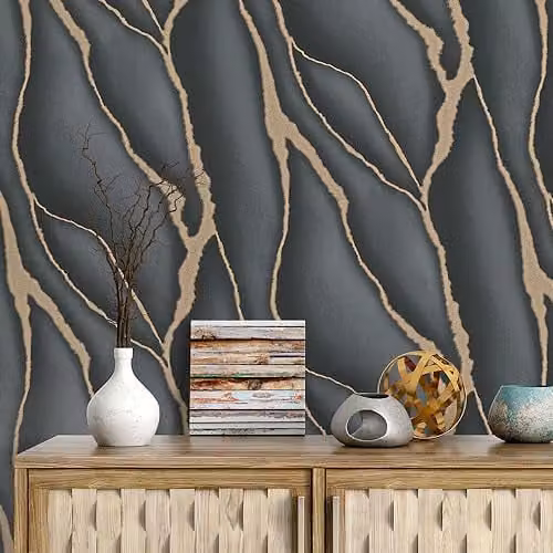 Erismann Elle 10345-15 Non-Woven Marble Stone Look Wallpaper in Black and Gold Metallic – 1