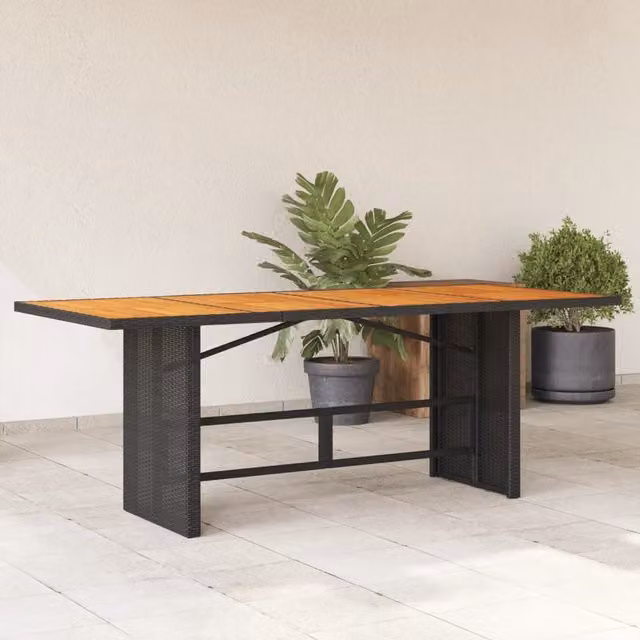 Berkfield Home Garden Table with Black Poly Rattan and Acacia Wood Top, W: 190 cm, D: 80 cm, H: 75 cm