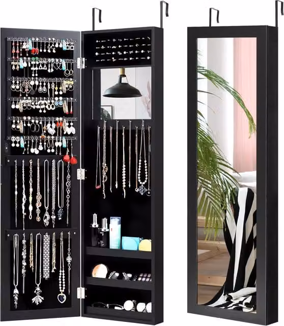Costway Black Mirrored Jewelry Cabinet and Armoire with Hinged Glass Doors and Internal Shelves