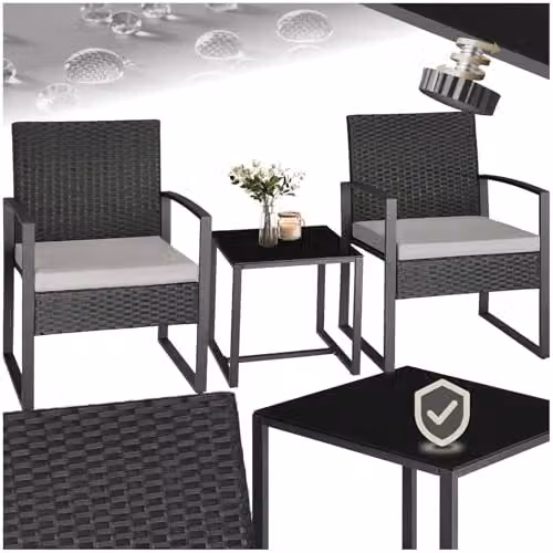 tectake 3 Piece Rattan Bistro Set with Glass Top and Metal Frame in Grey and Black