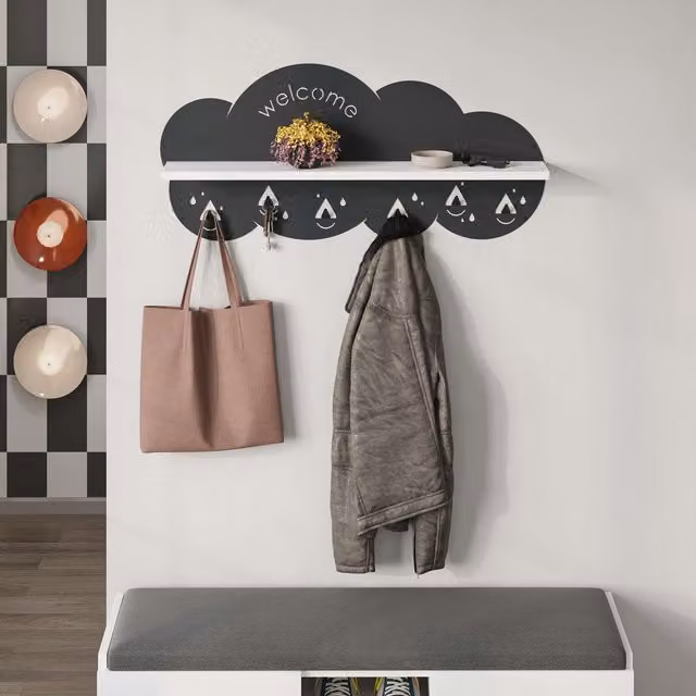 Decortie Cloudy Cloud-Shaped Wall Mounted Shelf and Coat Hanger with 6 Hooks for Kids Hallway, White – 2