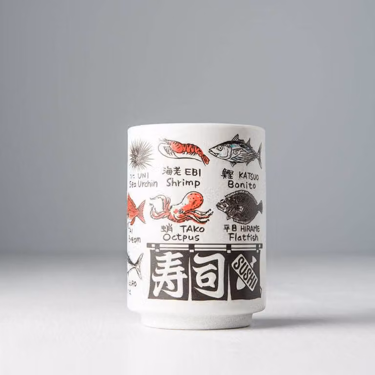 Sushi Mug with Fish Names, White Porcelain, 275 ml