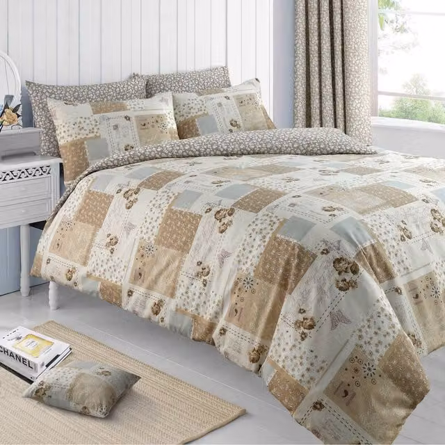 Velosso Floral Patchwork Reversible Duvet Set and Pillowcase, Grey Multicolour, W: 180 cm, H: 200 cm