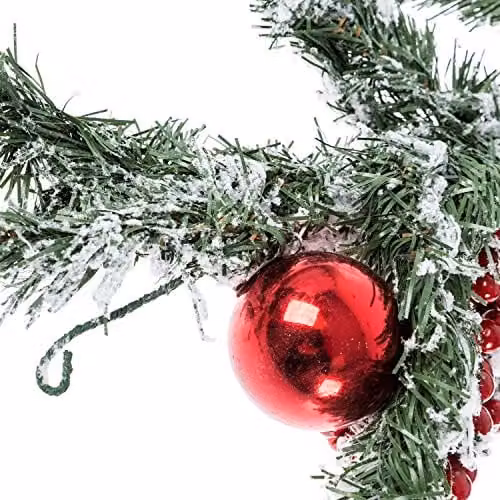 HOMESCAPES Frosted Christmas Garland with Red Baubles and Artificial Snow – 2