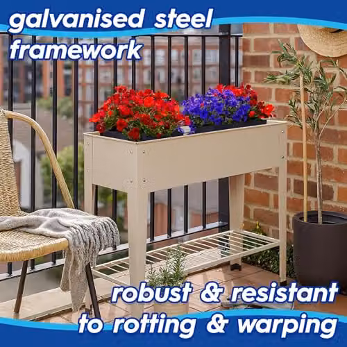 Harbour Housewares Elevated Raised Garden Bed with Legs and Storage Shelf in Beige or White, Galvanised Steel Planter Box for Vegetables and Flowers – 2