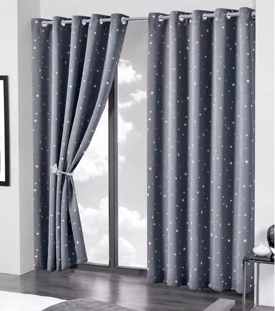NewEdgeBlinds Grey Star Pattern Blackout Fabric Panel Curtains with Eyelets, W: 167 cm, H: 183 cm