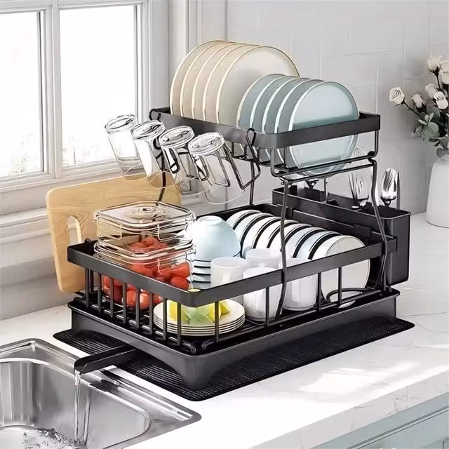 Nordara 2 Tier Kitchen Dish Drainer Rack with Cutlery and Cup Holder in Black – 1