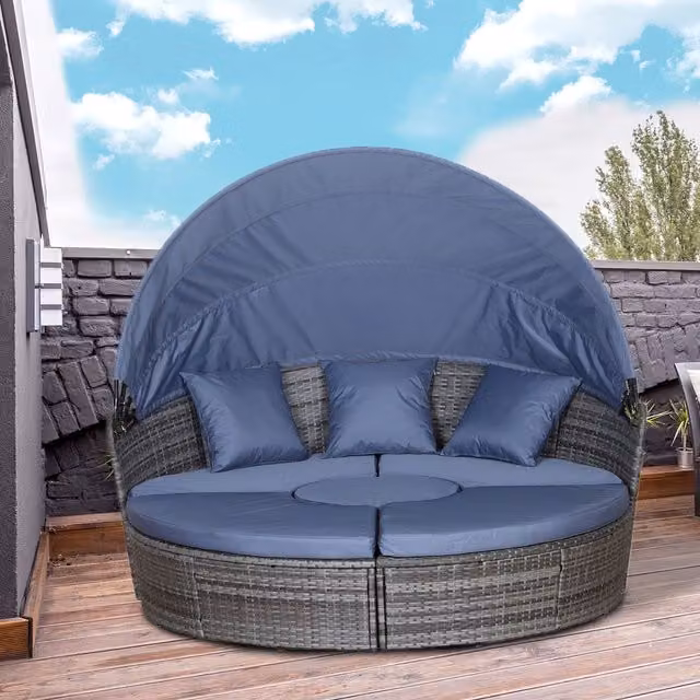 OUTSUNNY Rattan Garden Daybed Sun Lounger Sofa Set with Canopy in Grey