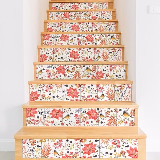 Walplus Red Floral Adhesive Square Wall Tile Stickers, 15 x 15 cm, 24 Pack