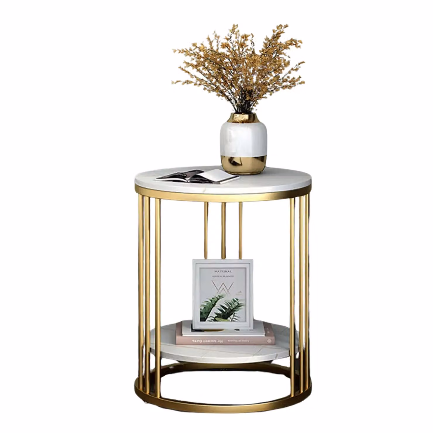 Pirlo Plush 2 Tier Round Faux Marble Accent Coffee Side Table in Gold and White – 2