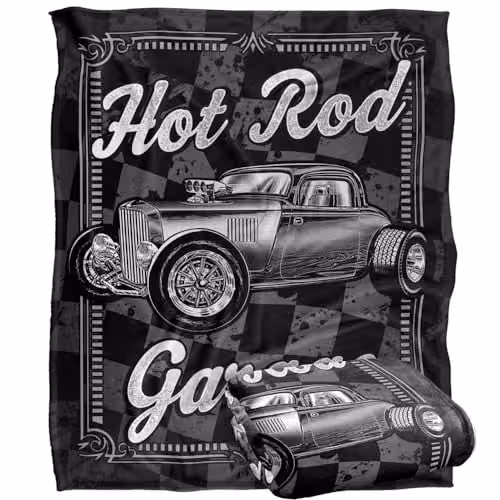 JQ Licensing James Piazza Hot Rod Garage Silky Touch Super Soft Fleece Throw Blanket, White, W/D/H: 152 x 127 cm