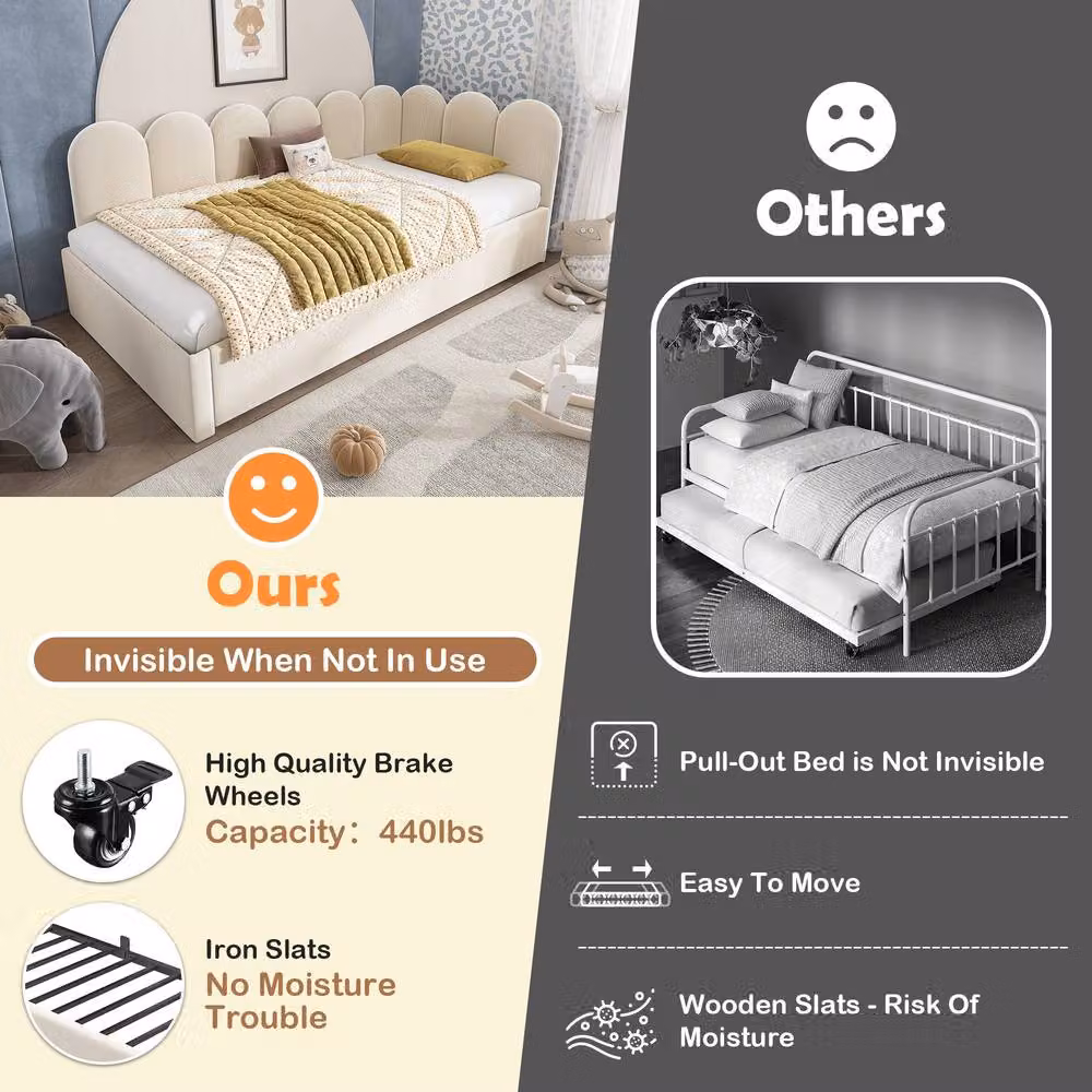 Rolipo Beige Velvet 3FT Single Daybed with Pull-Out Trundle Guest Bed, W/D/H: 90 x 190 cm – 3