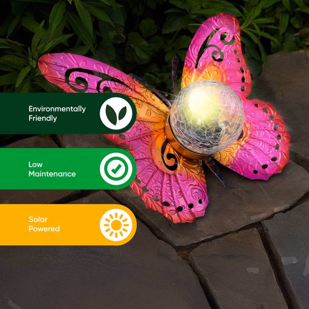 Gardenwize Solar Metal Sunset Butterfly Garden Light with Pink LED Crackle Glass Ball – 5