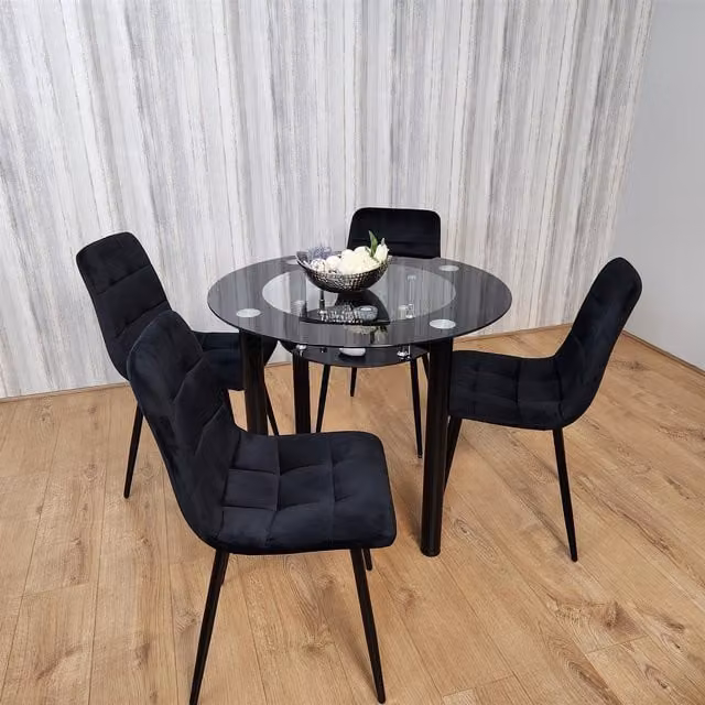 Kosy Koala Modern Round Black Glass Dining Table Set with 4 Black Velvet Chairs, Diameter: 90 cm, Height: 75 cm