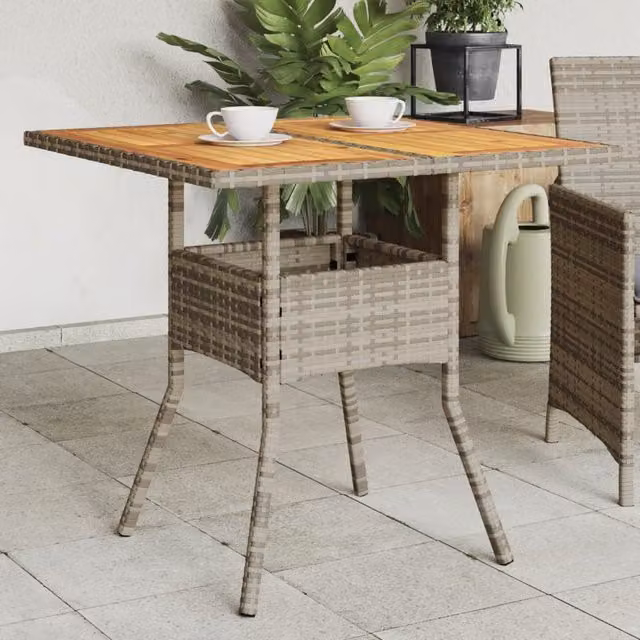 Berkfield Home Grey Poly Rattan Garden Table with Acacia Wood Top, W/D/H: 80 x 80 x 75 cm – 1