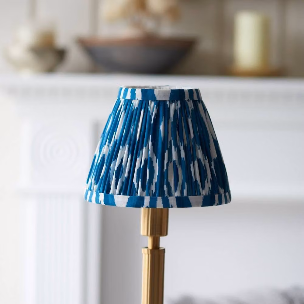 Netlighting Upton Rechargeable LED Table Lamp with Blue Fabric Ikat Shade and Gold Brass Base – 3