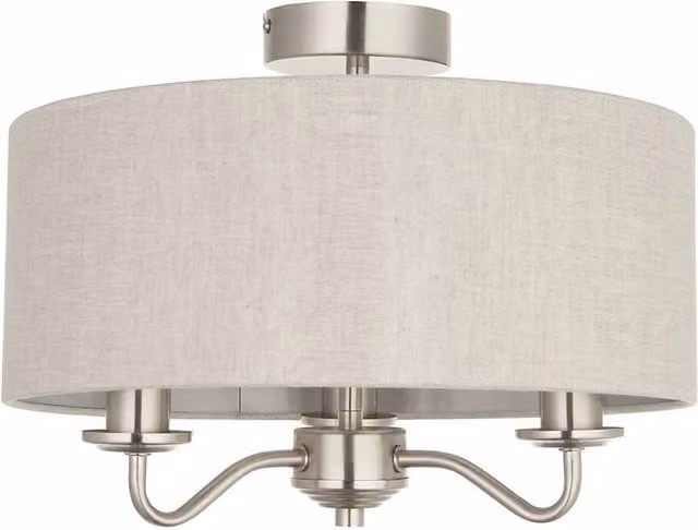 Goeco 3-Light Flush Mount Ceiling Light with White Linen Shade and Silver Metal Finish, E27, Diameter: 36 cm