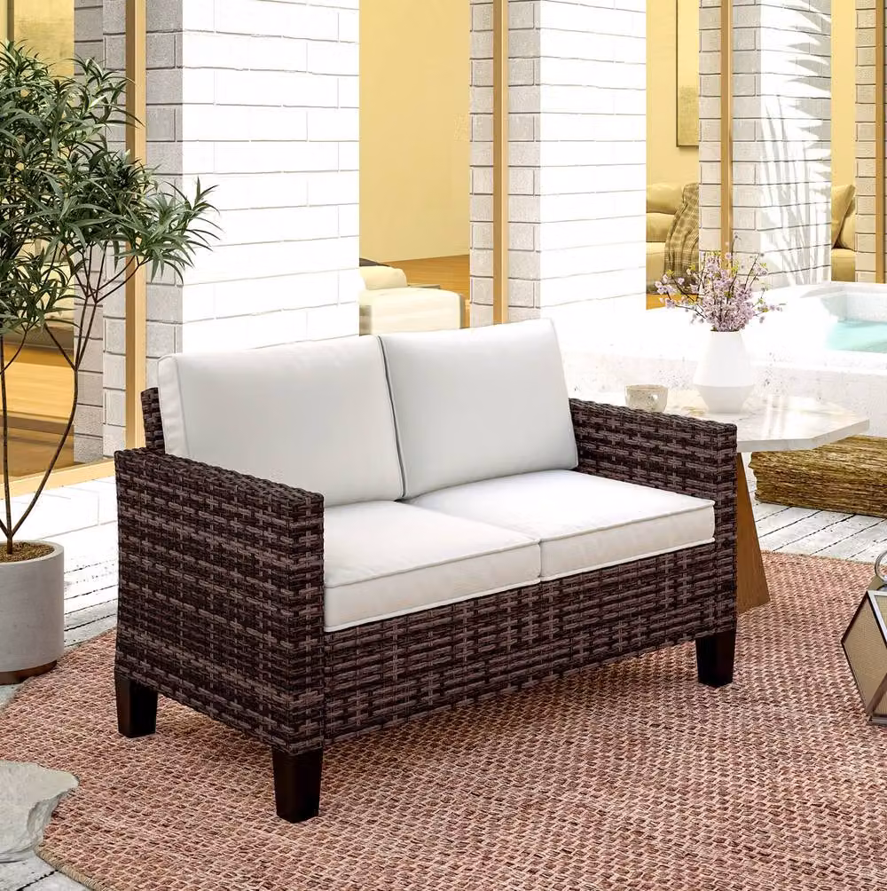 STILVORA Two-Seater Garden Sofa with Cushions in Brown Rattan and Metal – 3