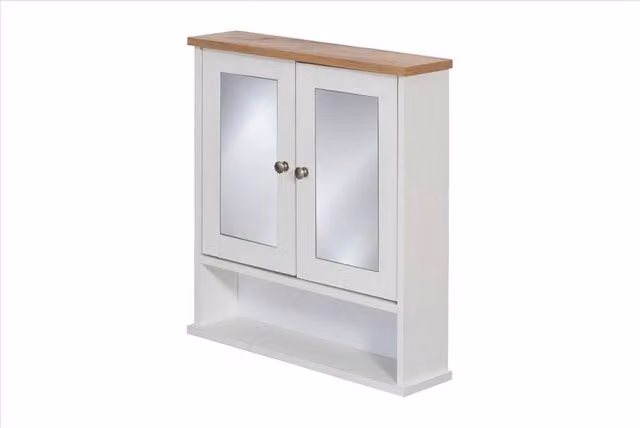 SPETLEK Mirrored Bathroom Wall Cupboard with 2 Hinged Doors and Internal Shelves in White and Oak