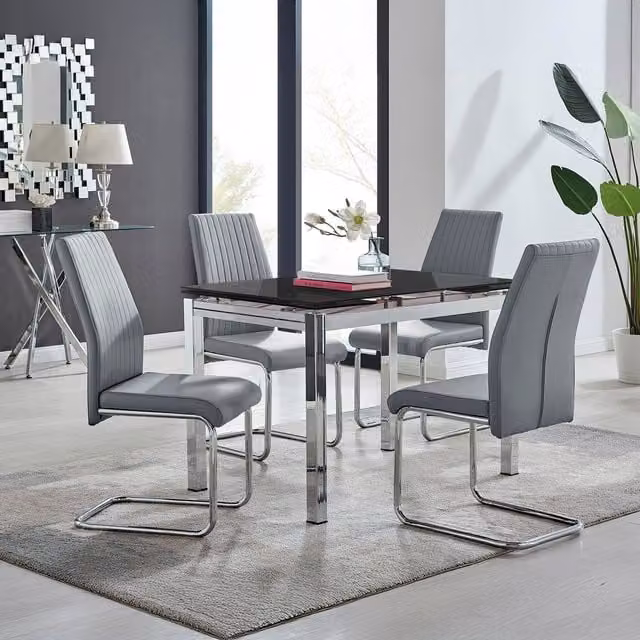 Furniturebox Enna Black Glass Extending Dining Table and 4 Lorenzo Grey Chairs