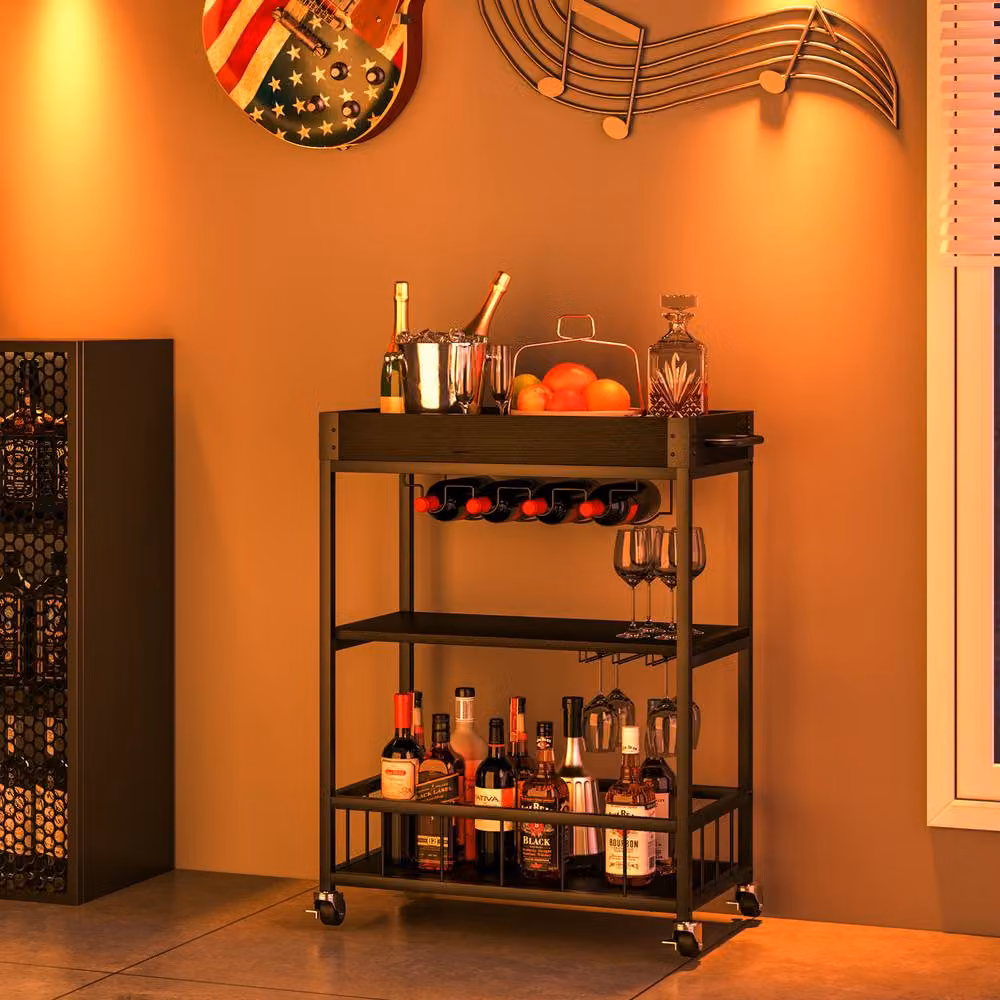 Huhote Black Metal and Glass Bar Cart with Wine Rack and Wheels for Kitchen Storage – 6