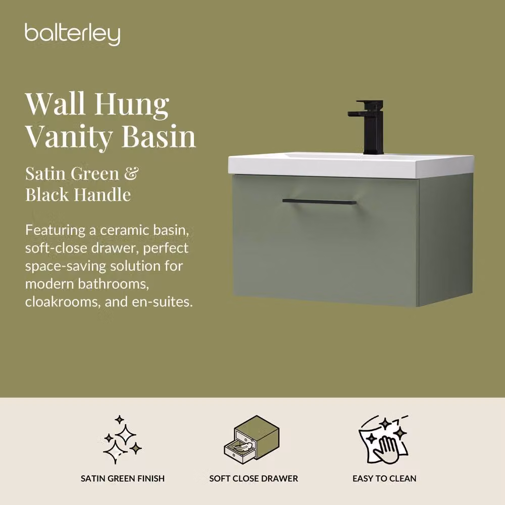 Balterley 600mm Wall Hung 1 Drawer Vanity Basin Unit in Satin Green with Black Handle – 2