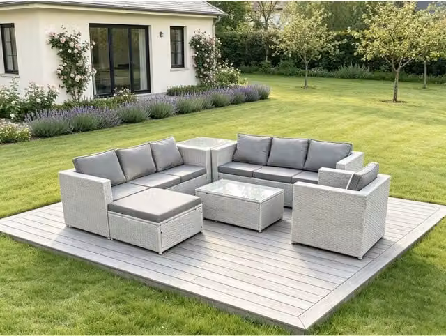 Fimous Light Grey PE Rattan L-Shape Garden Furniture Set with Coffee Table and Ottoman