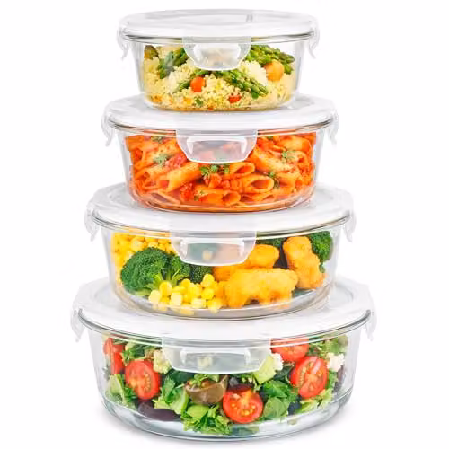 Innoteck Set of 4 Round Transparent Glass Storage Containers with Airtight Snap Lock Lids