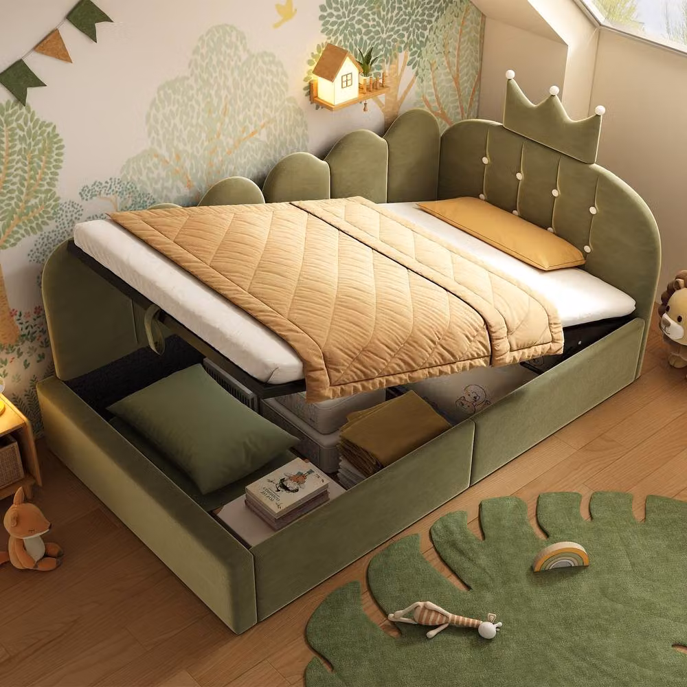 Rolipo Green Velvet Crown Shaped Single Daybed with Hydraulic Storage, W/D/H: 90 x 190 cm – 6