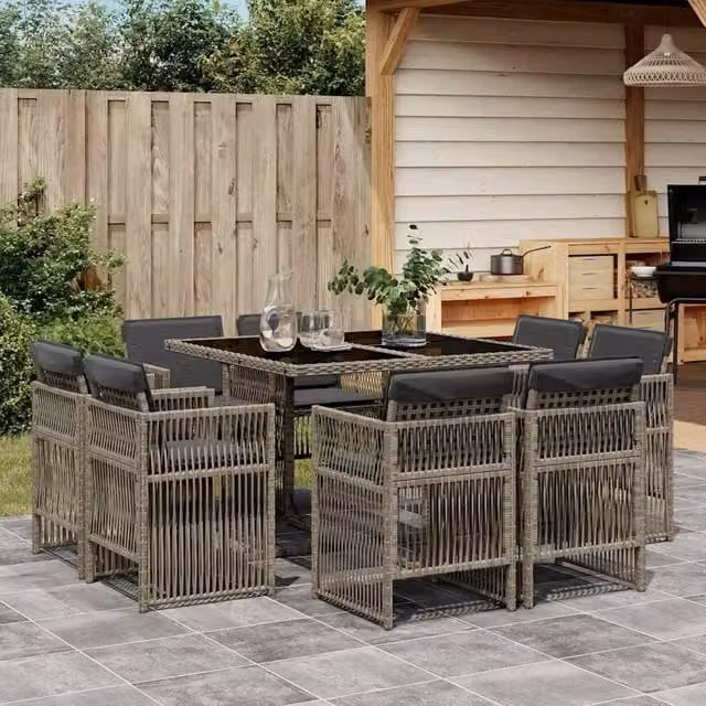 Berkfield Home 9 Piece Grey Poly Rattan Garden Dining Set with Cushions and Glass Tabletop