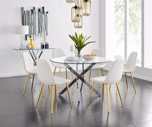 FurnitureboxUK Novara Round Glass Dining Table with 6 Corona Gold Chairs Set, White and Gold