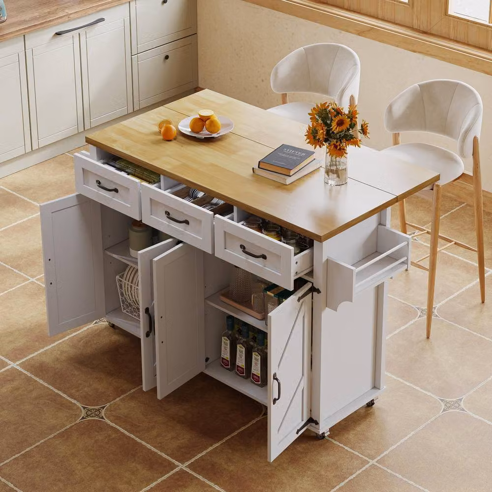 Matteo Rustic White Barn Style Kitchen Island on Wheels with Foldable Tabletop – 3